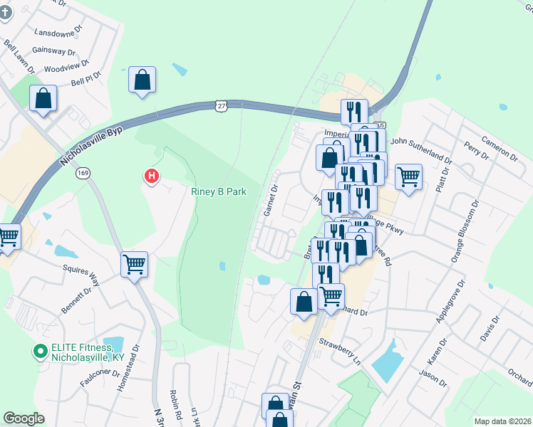 map of restaurants, bars, coffee shops, grocery stores, and more near 153 Garnet Drive in Nicholasville