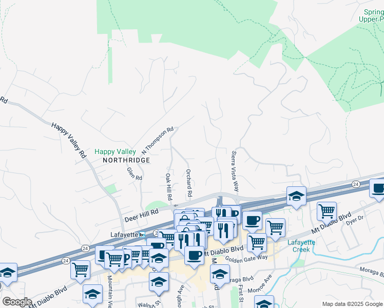 map of restaurants, bars, coffee shops, grocery stores, and more near 1134 Orchard Road in Lafayette