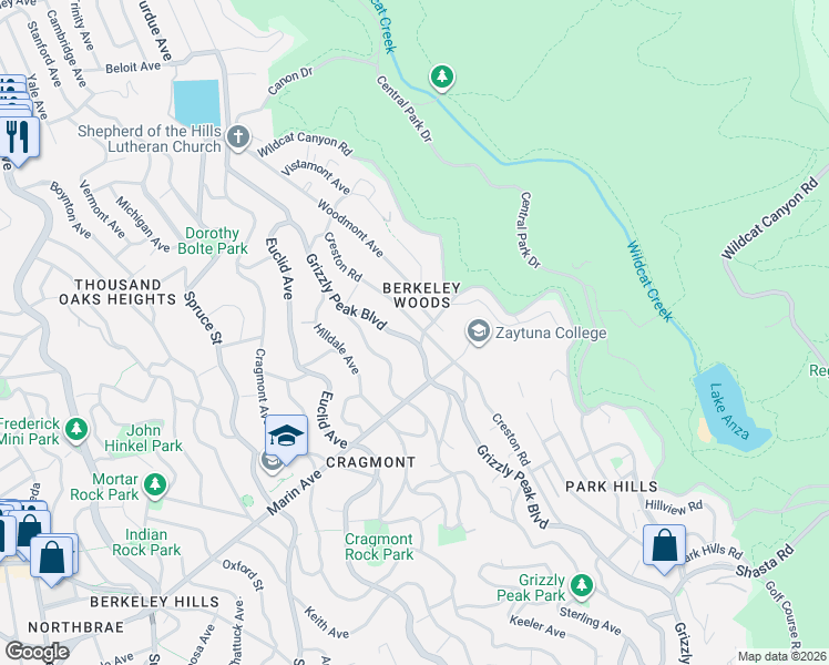 map of restaurants, bars, coffee shops, grocery stores, and more near 779 Creston Road in Berkeley