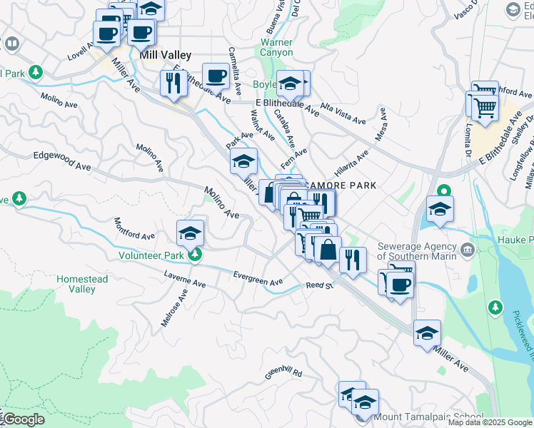 map of restaurants, bars, coffee shops, grocery stores, and more near 461 Ethel Avenue in Mill Valley