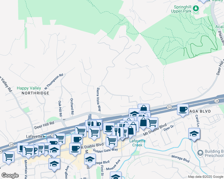 map of restaurants, bars, coffee shops, grocery stores, and more near 2 Monticello Court in Lafayette