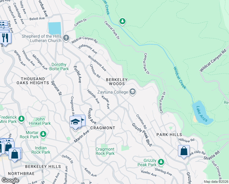 map of restaurants, bars, coffee shops, grocery stores, and more near 779 Creston Road in Berkeley