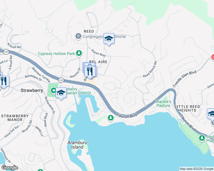 map of restaurants, bars, coffee shops, grocery stores, and more near 12 Circle Drive in Tiburon