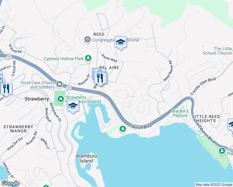 map of restaurants, bars, coffee shops, grocery stores, and more near 12 Circle Drive in Tiburon