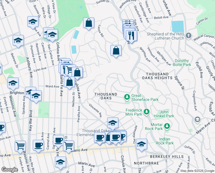 map of restaurants, bars, coffee shops, grocery stores, and more near 560 The Alameda in Berkeley