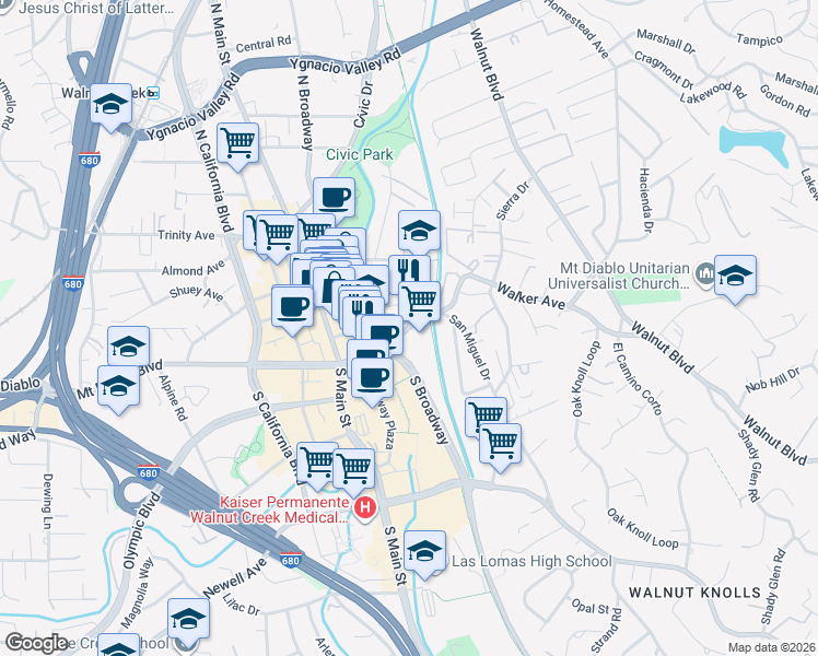 map of restaurants, bars, coffee shops, grocery stores, and more near Mount Diablo Boulevard & Mount Pisgah Road in Walnut Creek
