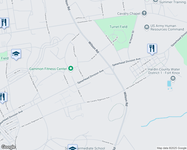 map of restaurants, bars, coffee shops, grocery stores, and more near Spearhead Division Avenue in Fort Knox