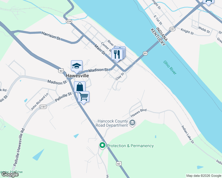 map of restaurants, bars, coffee shops, grocery stores, and more near 375 Clay Street in Hawesville