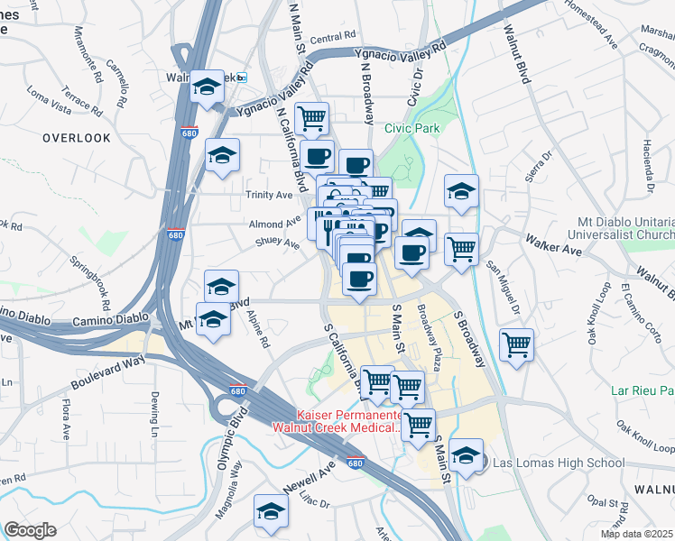 map of restaurants, bars, coffee shops, grocery stores, and more near 1403 Locust Street in Walnut Creek
