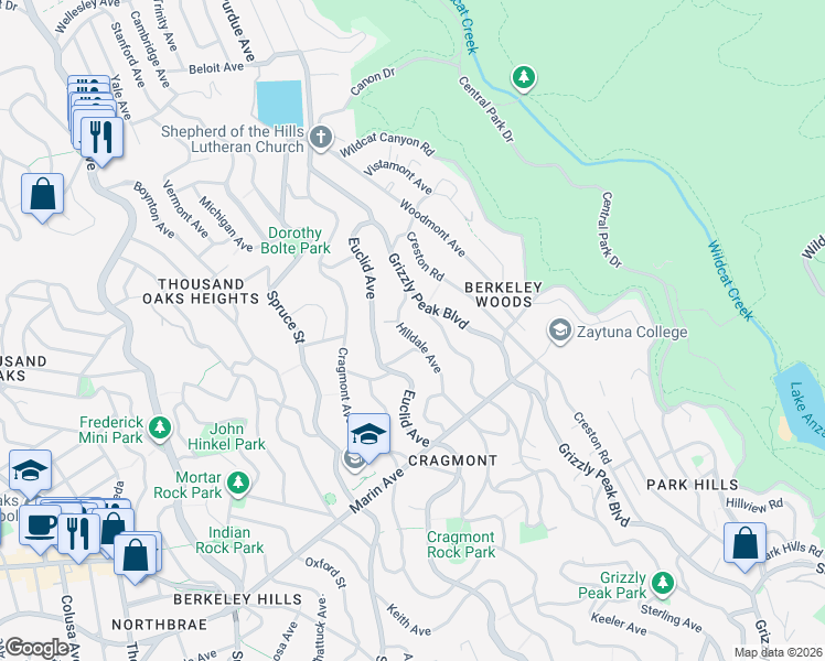 map of restaurants, bars, coffee shops, grocery stores, and more near 717 Hilldale Avenue in Berkeley