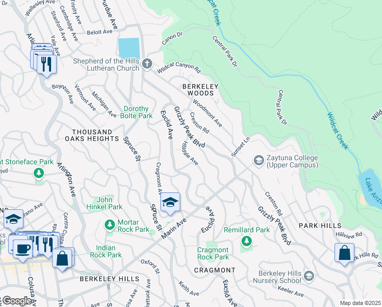 map of restaurants, bars, coffee shops, grocery stores, and more near 717 Hilldale Avenue in Berkeley