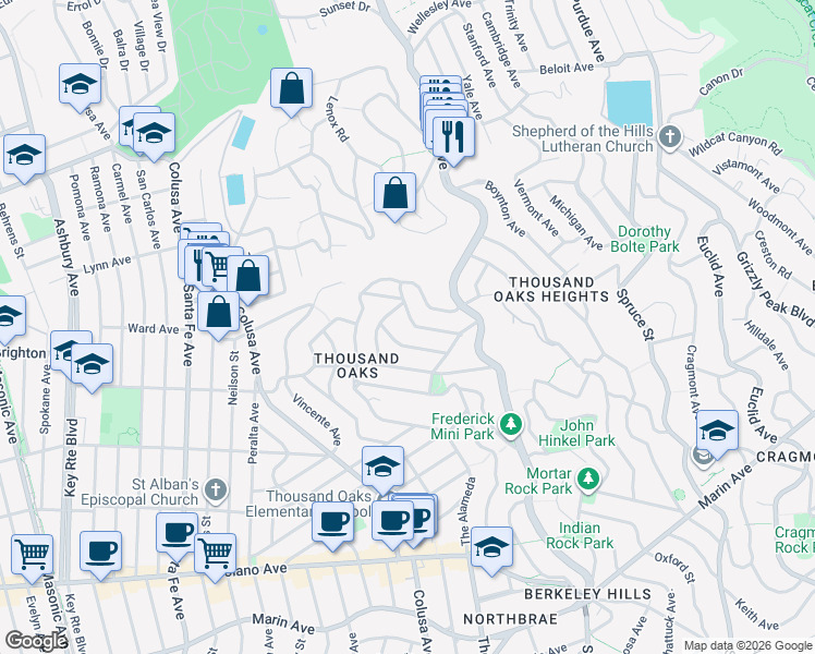 map of restaurants, bars, coffee shops, grocery stores, and more near 1844 San Ramon Avenue in Berkeley