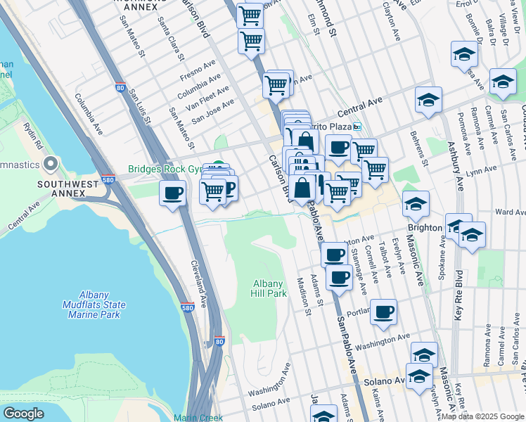 map of restaurants, bars, coffee shops, grocery stores, and more near 3442 Santa Clara Avenue in El Cerrito