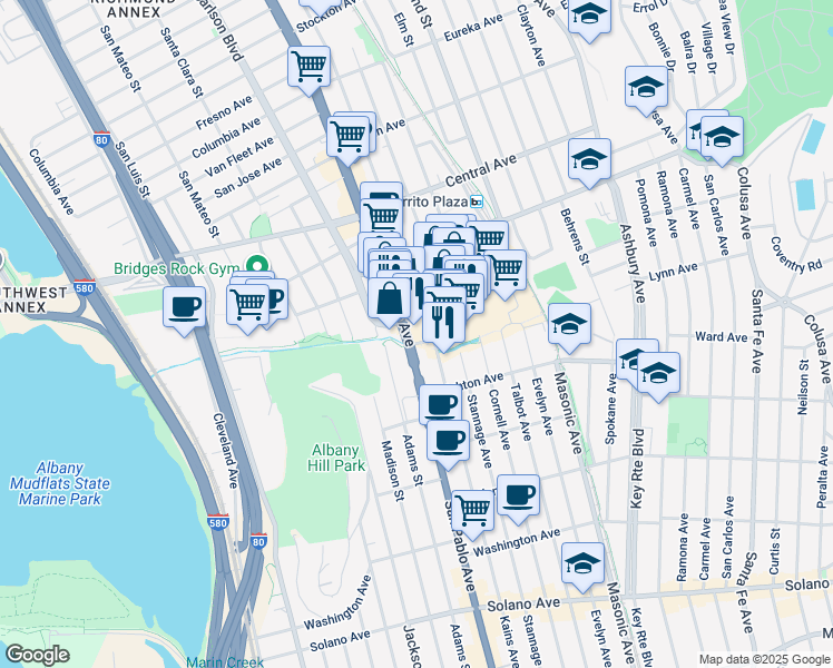 map of restaurants, bars, coffee shops, grocery stores, and more near 8000 El Cerrito Plaza in El Cerrito