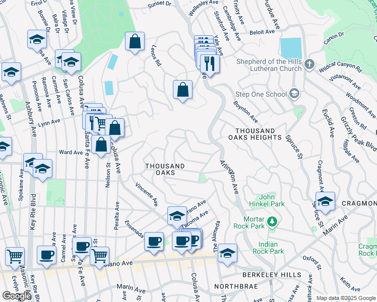 map of restaurants, bars, coffee shops, grocery stores, and more near 1844 San Ramon Avenue in Berkeley