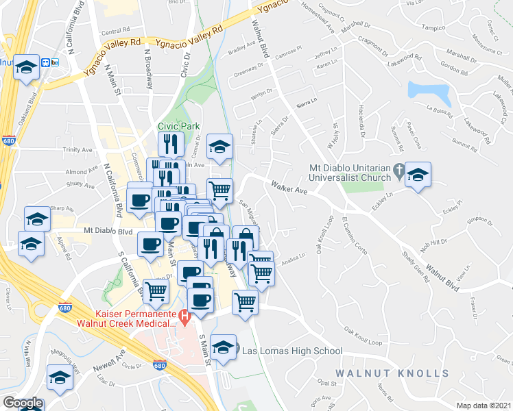 map of restaurants, bars, coffee shops, grocery stores, and more near 1600 San Miguel Drive in Walnut Creek