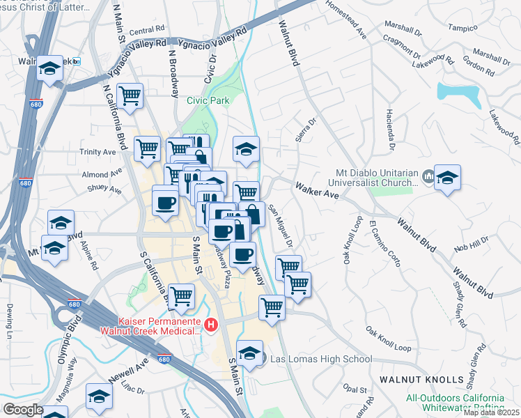 map of restaurants, bars, coffee shops, grocery stores, and more near 1180 Mount Diablo Boulevard in Walnut Creek