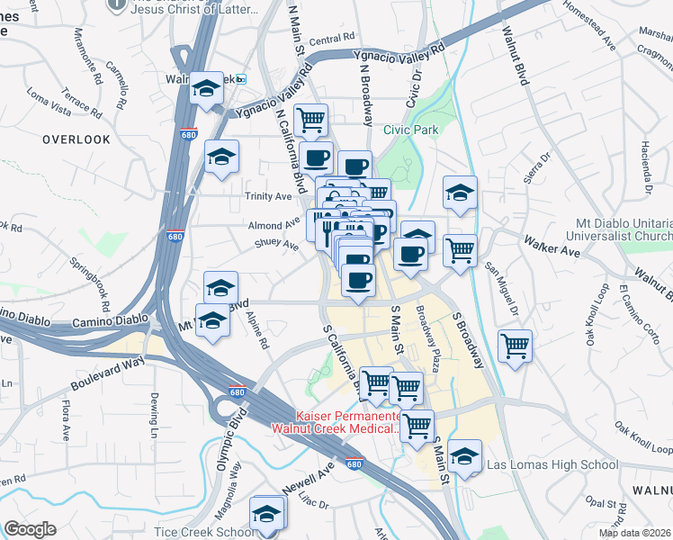 map of restaurants, bars, coffee shops, grocery stores, and more near 1403 Locust Street in Walnut Creek
