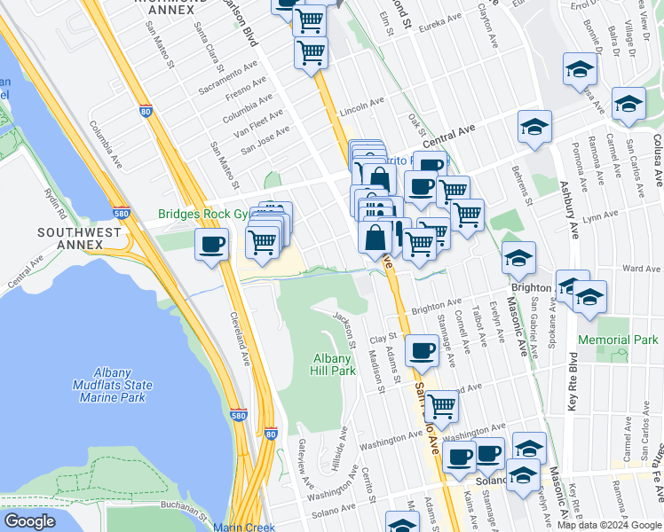 map of restaurants, bars, coffee shops, grocery stores, and more near 3432-3436 Yosemite Avenue in El Cerrito