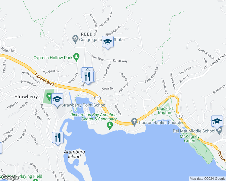 map of restaurants, bars, coffee shops, grocery stores, and more near 12 Circle Drive in Tiburon