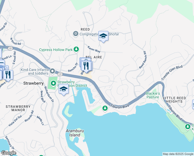 map of restaurants, bars, coffee shops, grocery stores, and more near 50 Harriet Way in Tiburon
