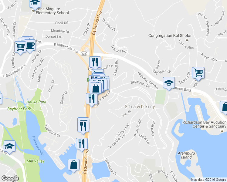 map of restaurants, bars, coffee shops, grocery stores, and more near 107 Belvedere Drive in Mill Valley