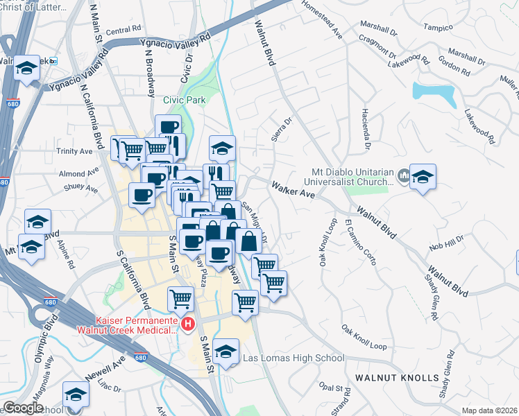 map of restaurants, bars, coffee shops, grocery stores, and more near 150 Stoney Ridge Place in Walnut Creek