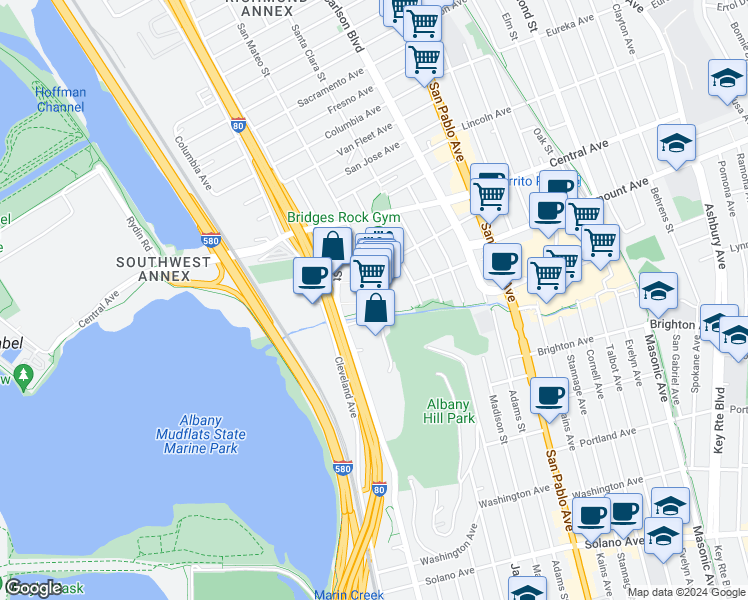 map of restaurants, bars, coffee shops, grocery stores, and more near 3288 Pierce Street in Richmond