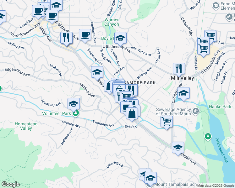 map of restaurants, bars, coffee shops, grocery stores, and more near 10 Willow Street in Mill Valley