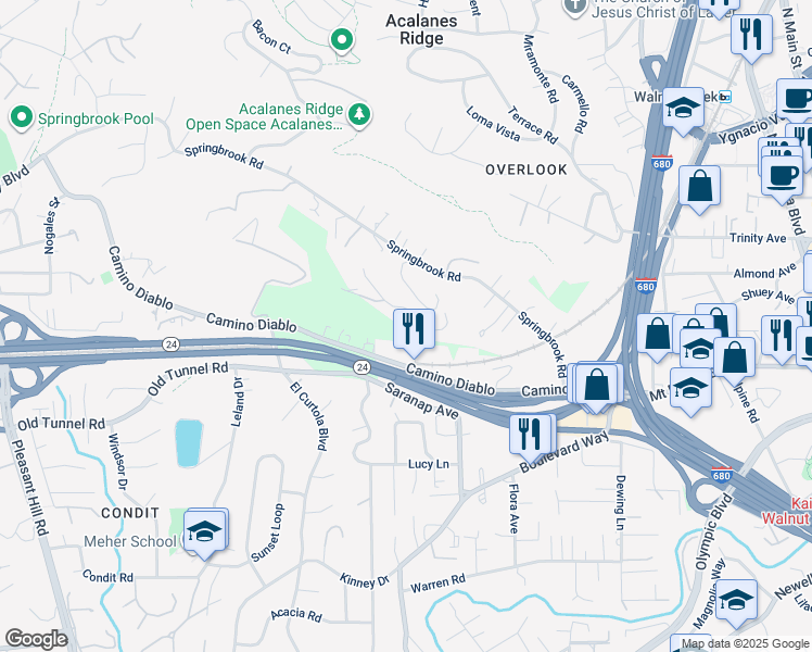 map of restaurants, bars, coffee shops, grocery stores, and more near 105 Hillcroft Way in Walnut Creek
