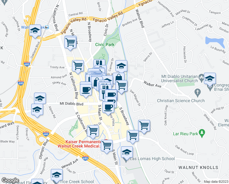 map of restaurants, bars, coffee shops, grocery stores, and more near 1307 Mount Pisgah Road in Walnut Creek