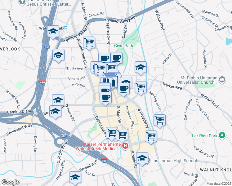 map of restaurants, bars, coffee shops, grocery stores, and more near 1389A North Main Street in Walnut Creek