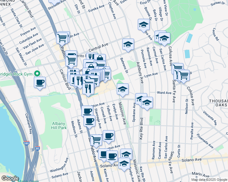 map of restaurants, bars, coffee shops, grocery stores, and more near 401 Evelyn Avenue in Albany