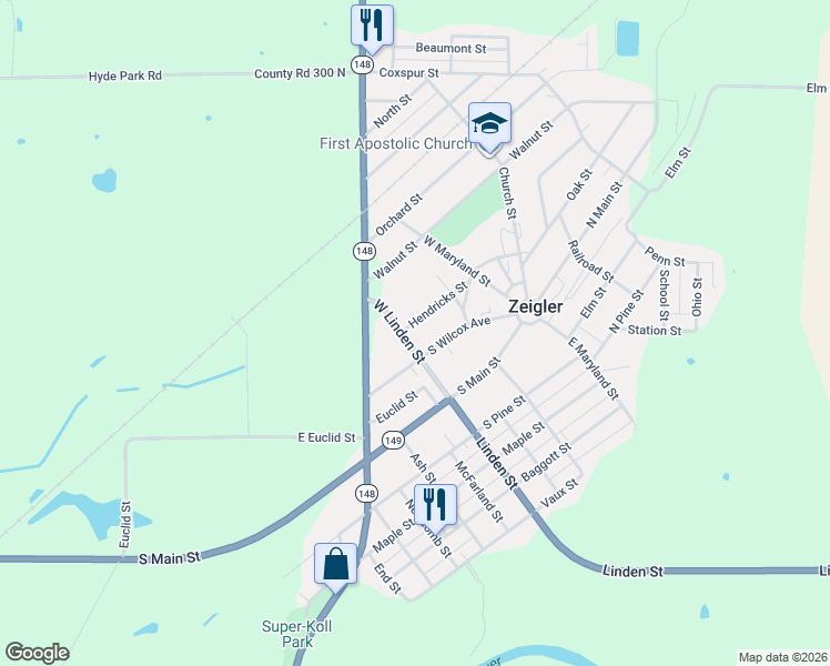 map of restaurants, bars, coffee shops, grocery stores, and more near 204-298 Hendricks Street in Zeigler