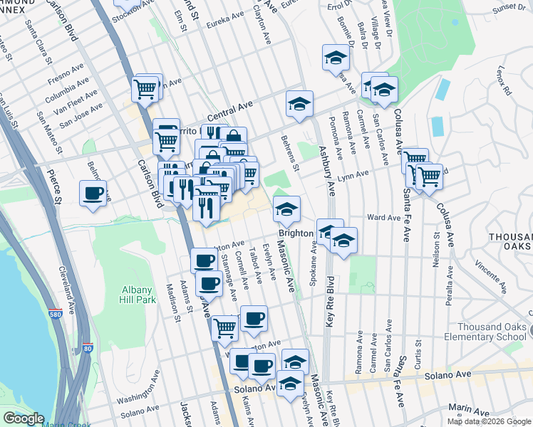 map of restaurants, bars, coffee shops, grocery stores, and more near 401 Evelyn Avenue in Albany