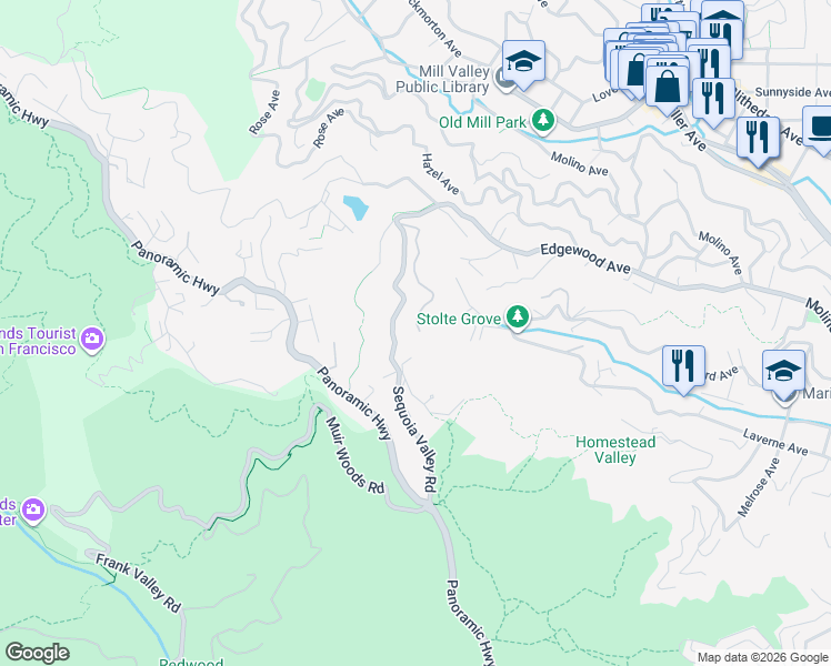 map of restaurants, bars, coffee shops, grocery stores, and more near 61 Castle Rock Drive in Mill Valley
