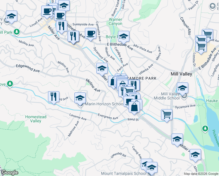 map of restaurants, bars, coffee shops, grocery stores, and more near 306 Miller Avenue in Mill Valley