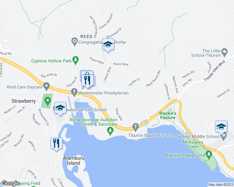 map of restaurants, bars, coffee shops, grocery stores, and more near 4 Circle Drive in Tiburon