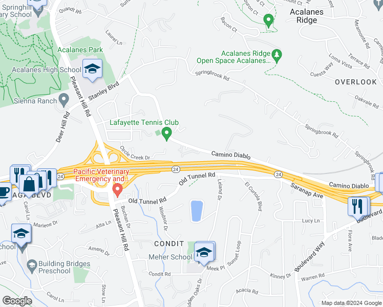 map of restaurants, bars, coffee shops, grocery stores, and more near 1126 Loveland Drive in Lafayette