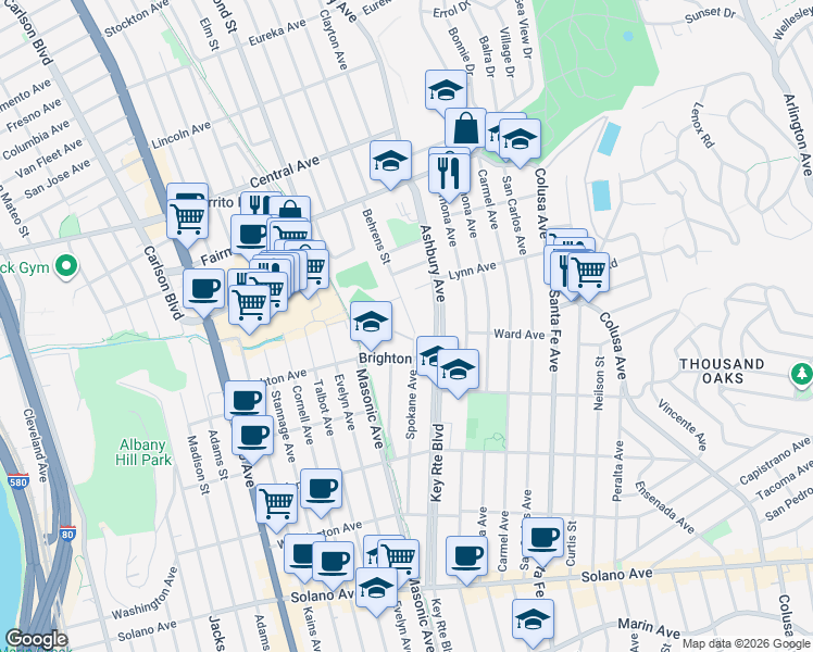 map of restaurants, bars, coffee shops, grocery stores, and more near 115 Behrens Street in El Cerrito
