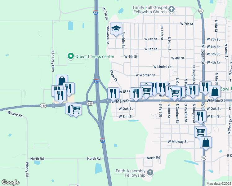 map of restaurants, bars, coffee shops, grocery stores, and more near 1401 West Saint Louis Street in West Frankfort
