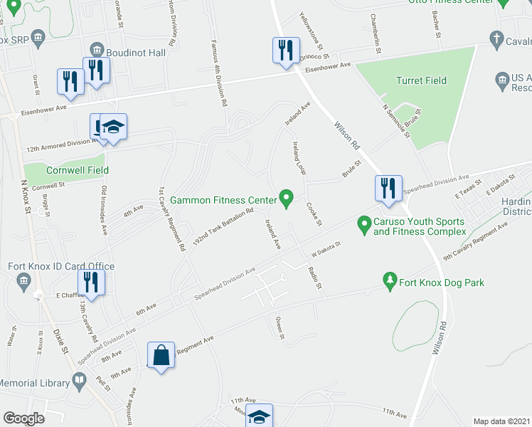 map of restaurants, bars, coffee shops, grocery stores, and more near 853 Ireland Avenue in Fort Knox