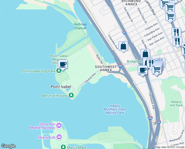 map of restaurants, bars, coffee shops, grocery stores, and more near 4925 Central Avenue in Richmond