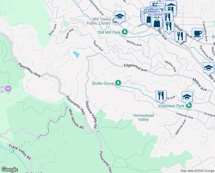 map of restaurants, bars, coffee shops, grocery stores, and more near 512 Park Way in Mill Valley