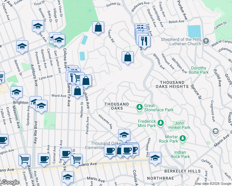 map of restaurants, bars, coffee shops, grocery stores, and more near 566 The Alameda in Berkeley