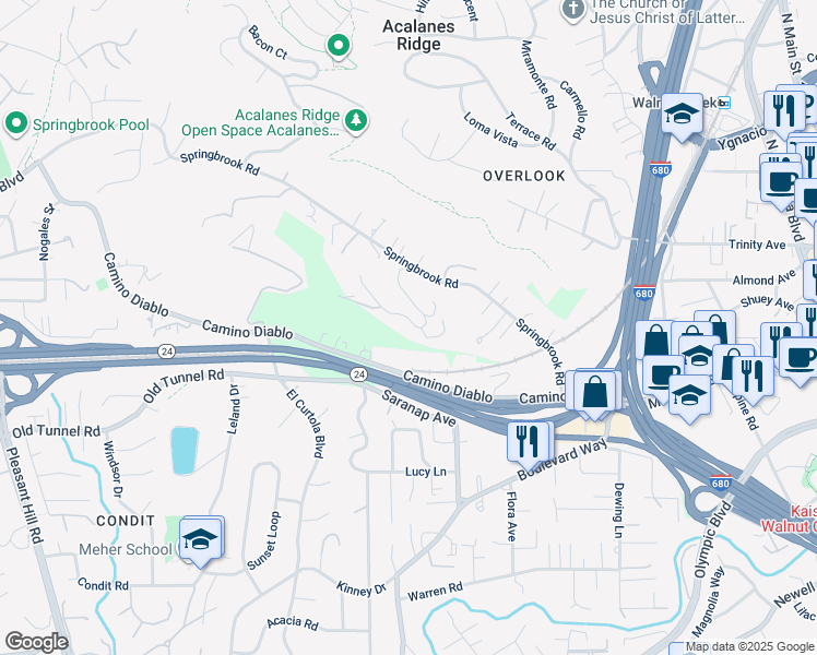 map of restaurants, bars, coffee shops, grocery stores, and more near 105 Hillcroft Way in Walnut Creek