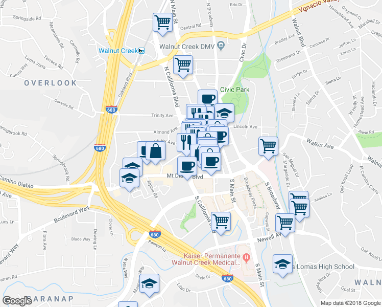 map of restaurants, bars, coffee shops, grocery stores, and more near 1453 North California Boulevard in Walnut Creek