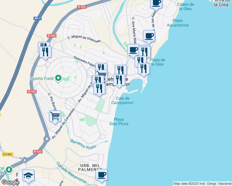 map of restaurants, bars, coffee shops, grocery stores, and more near in Alicante