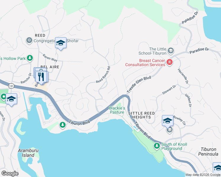 map of restaurants, bars, coffee shops, grocery stores, and more near 489 Irving Court in Belvedere Tiburon