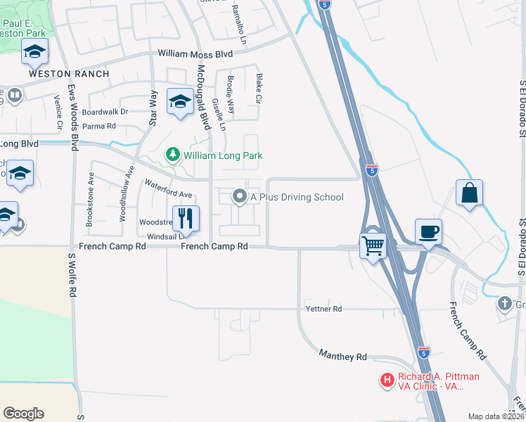 map of restaurants, bars, coffee shops, grocery stores, and more near 4610 Diamondback Drive in Stockton